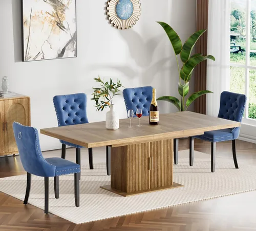 Miniatura 51 de Juego de mesa de comedor extensible de 5 piezas, juego de mesa de comedor extensible de estilo granja para 4, mesa de cocina expandible de madera