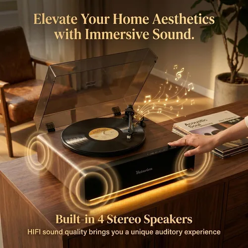 Miniatura 2 de Tocadiscos de vinilo con altavoces integrados, tocadiscos Bluetooth todo en uno para 33/45 RPM, tocadiscos de alta fidelidad para discos de vinilo