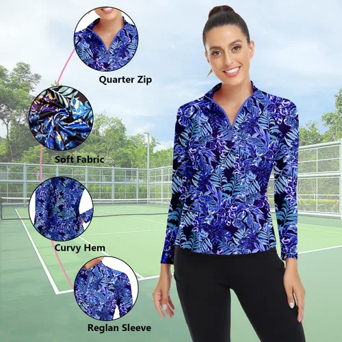 Miniatura 80 de WOWENY Camiseta deportiva de manga larga para mujer, con cremallera de un cuarto, cuello para entrenamiento, camiseta de tenis con estampado