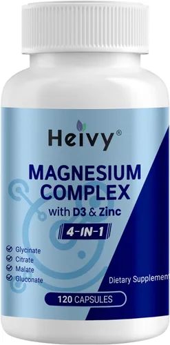 Heivy Complejo de magnesio 4 en 1 con zinc y vitamina D3, 320 mg de magnesio elemental (glicinato/citrato/gluconato/malato), 120 cápsulas