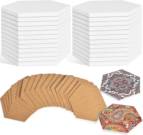 24 piezas de azulejos de cerámica para manualidades, posavasos de cerámica blanca para manualidades con almohadillas de respaldo de corcho, azulejos