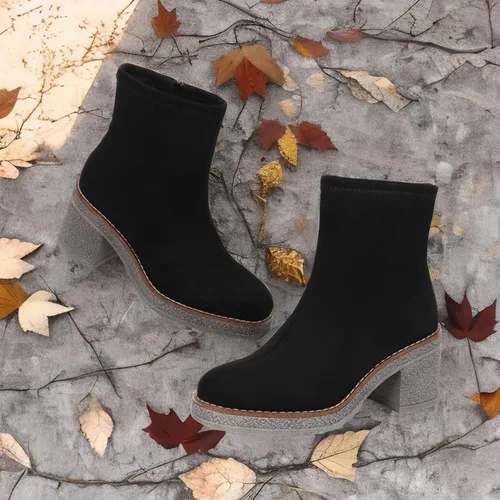 Miniatura 7 de JABASIC Botas de tobillo para mujer, tacón bajo, tacón grueso, botas de vestir con cremallera lateral