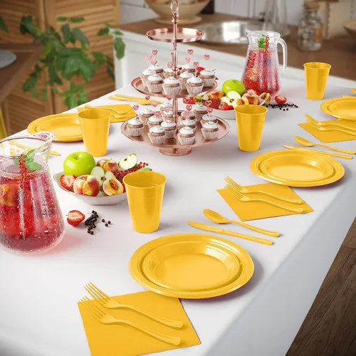 Miniatura 4 de 350 Piezas Platos de Plástico Amarillos Para Fiestas, Juego de Platos Desechables Amarillos, 50 de Cada Juego de Platos de Cena de 9", Plato