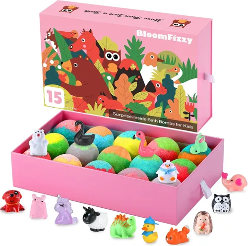 Jungle Adventure - Bombas de baño para niños, 15 bombas de baño perfumadas con juguetes sorpresa de animales terrestres en el interior, colorido