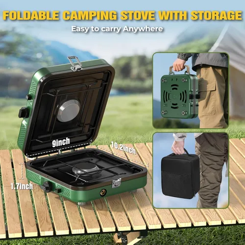 Miniatura 4 de Estufa de campamento de 2 quemadores, estufa de campamento de propano de 10000 BTU, estufa portátil plegable de gas, equipo esencial de campamento