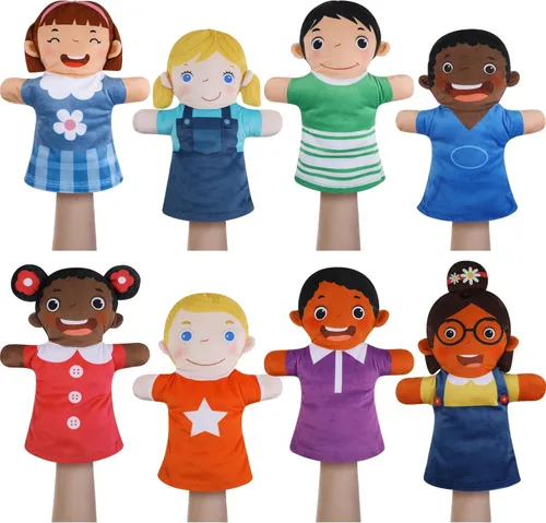Miniatura 7 de Poen Juego de 8 títeres de mano para niños, títeres de mano multiculturales, felpa suave a granel para niños pequeños, interacción de aprendizaje