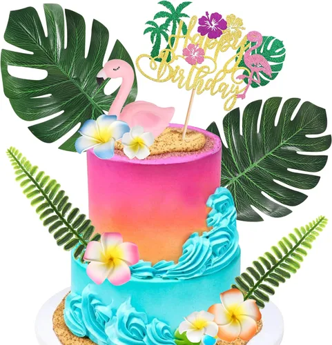 Miniatura 21 de Rsstarxi Paquete de 25 adornos tropicales para cupcakes Luau con decoración de pastel de flamenco de feliz cumpleaños, palmera, flamenco, piña