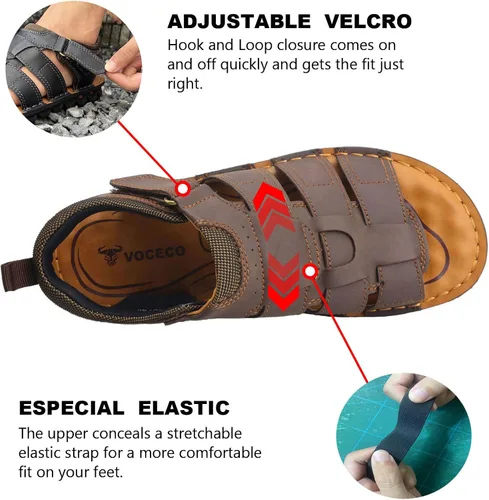 Miniatura 2 de VOCECO - Sandalias de cuero para hombre con puntera abierta, ajustables, ligeras, para playa y verano