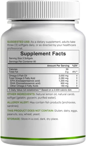 Miniatura 7 de DEAL SUPPLEMENT Suplementos de Aceite de Pescado Omega 3, 3,000mg por Porción, 240 Cápsulas Blandas – EPA 1,200mg + DHA 900mg – Píldoras sin