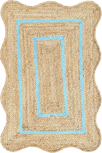 Alfombra de Yute Natural Ondulada Festoneada - Corredor de Entrada Boho, Festón de Granja, Azul Cielo (2'x3')