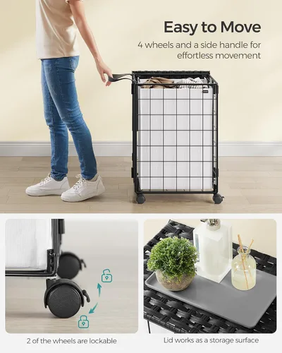 Miniatura 5 de SONGMICS Cesta de lavandería de 90 litros con tapa, cesta de ropa con ruedas, bolsa de forro extraíble plegable, clasificador de ropa hecho