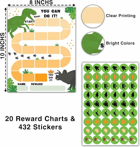 Miniatura 2 de Tabla de 20 recompensas de dinosaurios con 432 calcomanías redondas, tabla de comportamiento de incentivos para niños en el aula en casa, tabla