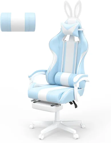 Miniatura 10 de Ferghana Kawaii Bunny Ears - Silla de juegos con reposapiés y masaje, silla ergonómica de cuero para juegos de computadora para niñas, adultos, Rosa
