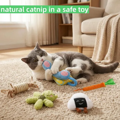 Miniatura 7 de Juego de 5 juguetes de hierba gatera para gatos de interior, juguetes interactivos para gatitos con hierba gatera y varitas plateadas, juguetes