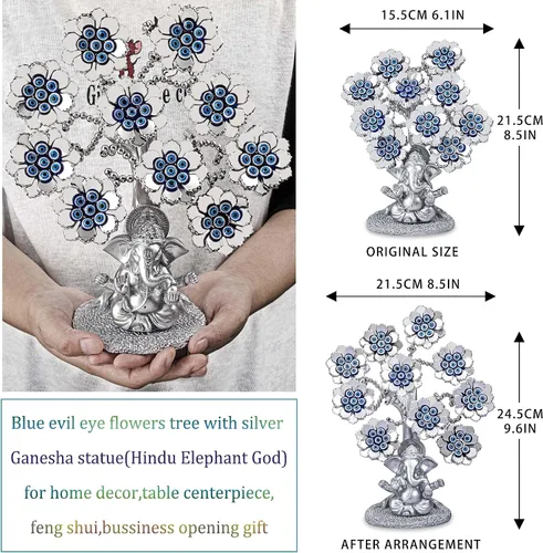 Miniatura 2 de Árbol de la suerte de flores de ojo malvado con elefante hindú plateado Ganesha, estatua de Dios para oficina en casa, adorno de protección Feng