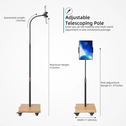 Miniatura 6 de wishacc Soporte de Piso para Tableta para Cama - Soporte de Tableta con Cuello de Cisne con Altura Ajustable y 4 Ruedas, Compatible con iPad mini