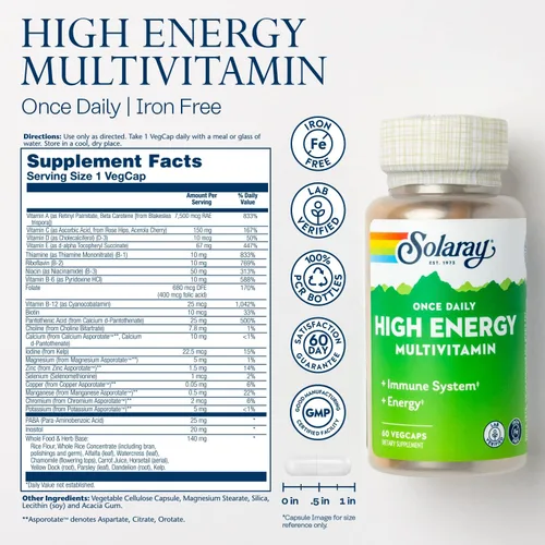 Miniatura 2 de SOLARAY Multivitamínico Once Daily de alta energía, sin hierro, múltiple completo con base de alimentos y hierbas integrales, sin OMG, 60 cápsulas