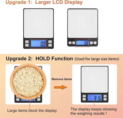 Miniatura 2 de BOMATA Báscula de cocina digital mejorada, 0.1 g/0.001 oz de alta precisión, 3000 g/6.6 lb, con nueva función de retención y pantalla más grande