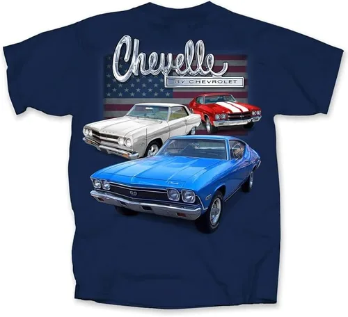 Joe Blow T's Chevrolet Chevelle Flag Vintage Retro Cars - Camiseta de algodón preencogida, color azul marino, con licencia oficial