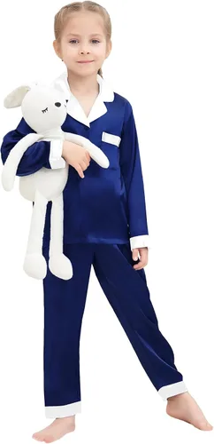 Miniatura 5 de SWOMOG Conjunto de pijama de satén para niños y niñas, ropa de dormir de manga larga con botones, conjunto de 2 piezas de ropa de descanso