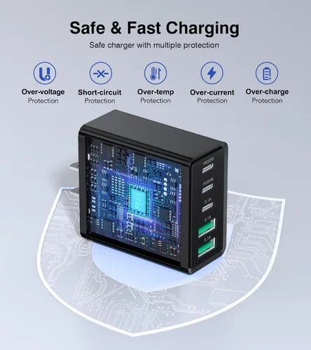 Miniatura 4 de [Paquete de 2] Cargador de pared USB C, bloque de cargador tipo C de 60 W, bloques de carga rápida de 5 puertos, enchufe multipuerto 3USB C+2USB A