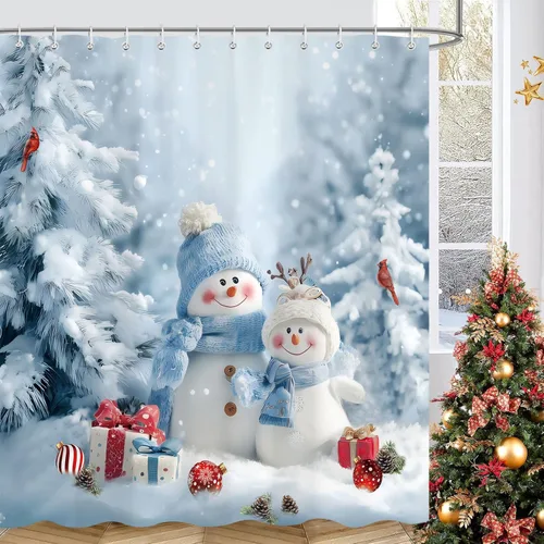 Miniatura 4 de Cortinas de Ducha de Navidad para Baño, Azul Lindo Muñeco de Nieve Árbol de Navidad Invierno Paisaje Natural Juego de Cortinas de Ducha, Tela