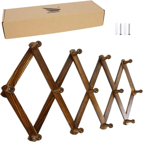 Miniatura 11 de AMAPON Perchero de pared de madera estilo acordeón, ampliable, con 13 ganchos (clavos) para colgar sombreros, chaquetas, tazas de café, bolsos