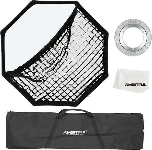 AMBITFUL Caja de luz octogonal de 55.1 in/55 con rejilla de panal, caja de luz octagonal Bowens Mount para flash de estudio, luz suave grande para