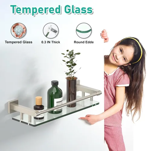 Miniatura 4 de Estantes de vidrio para baño, estantes de baño de níquel cepillado de 16 pulgadas para pared, rectangulares de acero inoxidable, vidrio templado