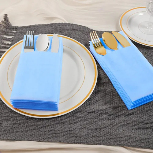 Miniatura 5 de Servilletas desechables de color azul menta, paquete de 50 servilletas de papel de tacto de lino con bolsillo integrado para cubiertos, tela