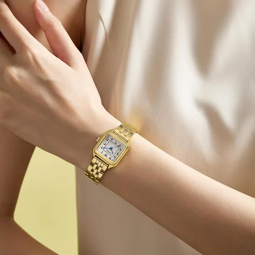Miniatura 6 de Relojes dorados para mujer, pulsera pequeña, esfera de números arábigos, correa de acero inoxidable, caja rectangular de cuarzo para mujer, reloj