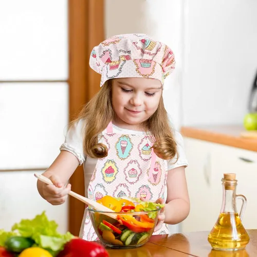 Miniatura 6 de Juego de delantal infantil y gorro de chef, delantales ajustables de algodón para niños con bolsillo grande, lindos para niñas y niños, baberos