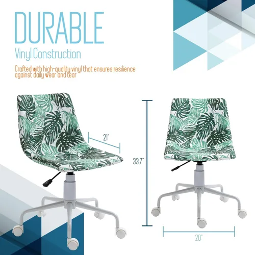 Miniatura 2 de Silla de escritorio de oficina sin brazos en vinilo con estampado de hojas de plátano (blanco) – Silla ergonómica de respaldo medio con ruedas, sin