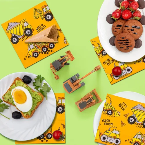Miniatura 3 de DYLIVeS Servilletas de fiesta con temática de construcción, servilletas de fiesta de cóctel, servilletas de papel desechables de tractor amarillo