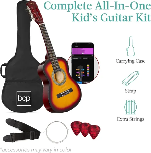 Miniatura 3 de Best Choice Products Kit de iniciación de guitarra acústica para niños de 30 pulgadas con afinador eléctrico, correa, funda, cuerdas, capo- Sunburst