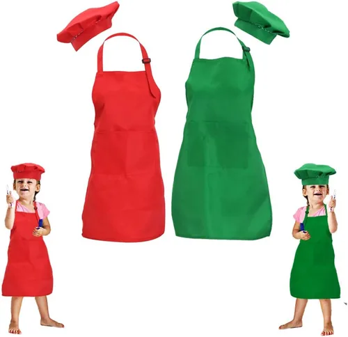 Juego de 2 delantales verdes y rojos para niños y gorro de chef, delantal para niños y niñas, para cocinar, pintar, hornear, ropa de 5 a 12 años.