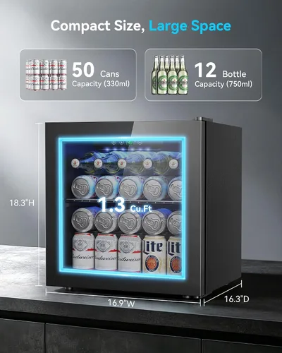 Miniatura 2 de Feelfunn Refrigerador de bebidas para 50 latas, mini refrigerador de 1.3 pies cúbicos con puerta de vidrio, nevera de vino, refrigerador pequeño
