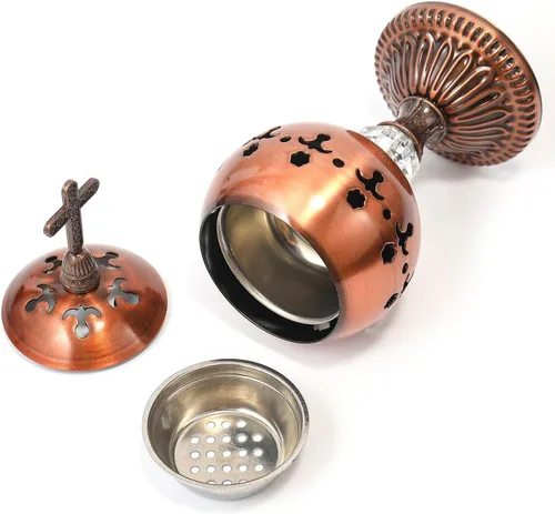 Miniatura 7 de Nazareth Store Quemador de incienso de latón pulido con carbón, soporte para incienso de iglesia cristiana, conos de incienso, cruz de 7.9 pulgadas