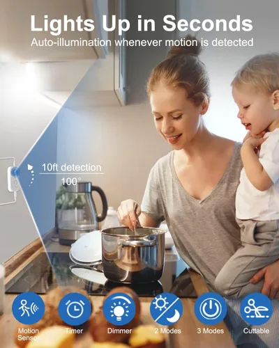 Miniatura 2 de Tira de luces LED con sensor de movimiento - Iluminación debajo del gabinete con adaptador de corriente, 6 niveles ajustables de brillo y Blanco frío