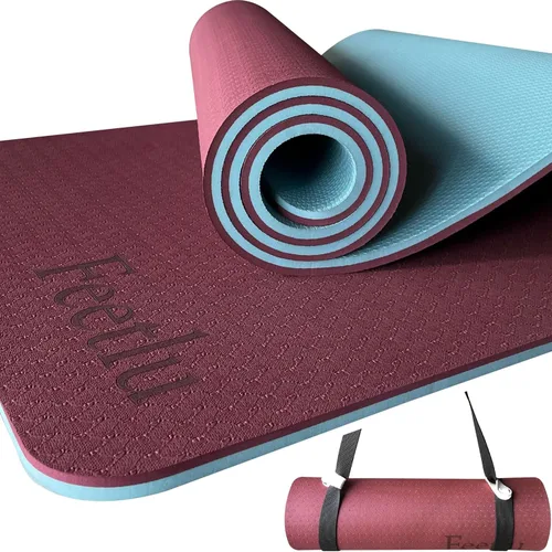 Tapete de yoga para ejercicios extra grueso con correa - 2/5 pulgadas (10 mm), tapete antideslizante para entrenamiento de yoga, pilates y Rojo