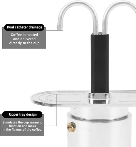 Miniatura 4 de Cafetera doble, aleación de aluminio, doble tubo, estufa italiana, para el hogar, oficina, tamaño compacto, fácil de usar, simultánea, rico sabor