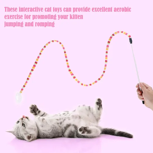 Miniatura 6 de Sumind 6 piezas de juguetes interactivos para gatos con plumas y campana, juguete de atrapasador seguro, colorido y sonoro, varita de Navidad