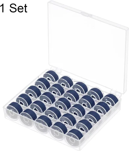 Miniatura 3 de HARFINGTON Juego de hilos de bobina preenrollados tamaños estándar con caja de 25 compartimentos para bordar y máquina de coser, color azul oscuro