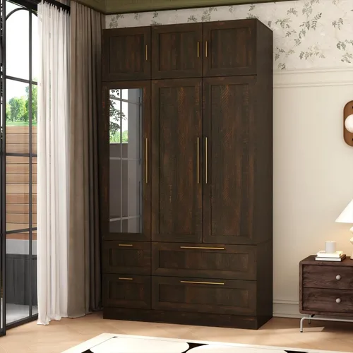 Armario con espejo, Armario de 3 puertas con 4 cajones, estantes, barra para colgar, Armario moderno para dormitorio con asas doradas, gabinete de