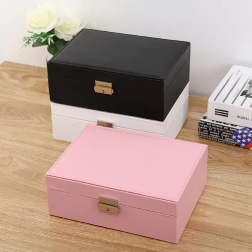 Miniatura 8 de YEEKEN Joyero organizador para mujeres y niñas, 2 capas grandes con cerradura, regalo ideal de piel sintética con bandeja extraíble para collares