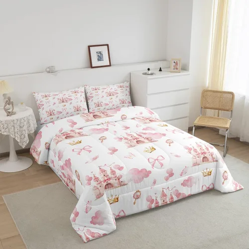 Miniatura 3 de Feelyou - Juego de funda de edredón para niños, castillo rosa, tamaño individual, lindo juego de edredón con moño, juego de cama para niños y niñas
