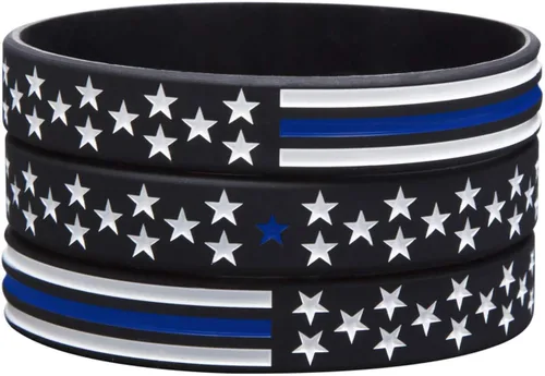 Miniatura 2 de Sainstone Pulsera de policía con bandera estadounidense de línea azul fina, juego de pulseras de goma de silicona Blue Lives Matter, apoyo a
