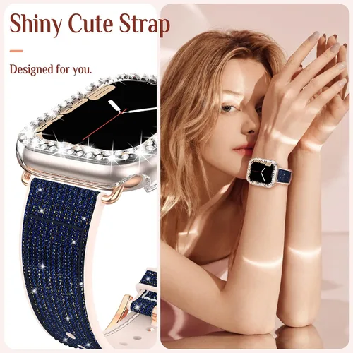Miniatura 6 de Goton Bling - Correa de silicona brillante compatible con Apple Watch de 1.772 pulgadas (45mm) con protector de borde [sin vidrio], correa que