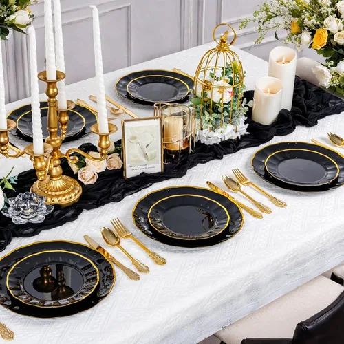 Miniatura 5 de supernal 60 piezas Platos de Cumpleaños Negros y Dorados Platos de Plástico para Fiestas y Platos Desechables Elegantes Platos Festoneados
