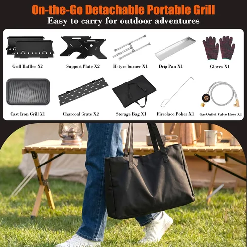Miniatura 7 de Foldable 3-in-1 Charcoal Wood Gas Camping Grill with Pull-Out Removable Griddle Plate & Carry Bag, Portable BBQ Fire Pit Grill for Backpacking